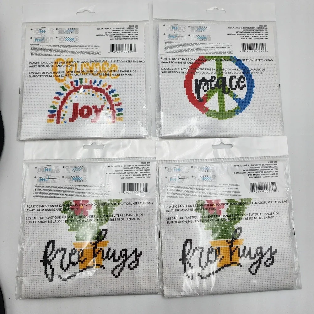 Lot of 4 CRAFTER'S SQUARE Counted Cross‎ Stitch Kit Choose Joy, Peace, Free Hugs